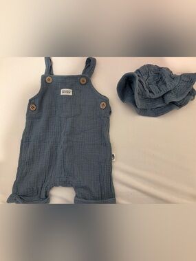*2 for $15* Rabbit + Bear organic cotton overalls and sun hat, size 3-6M